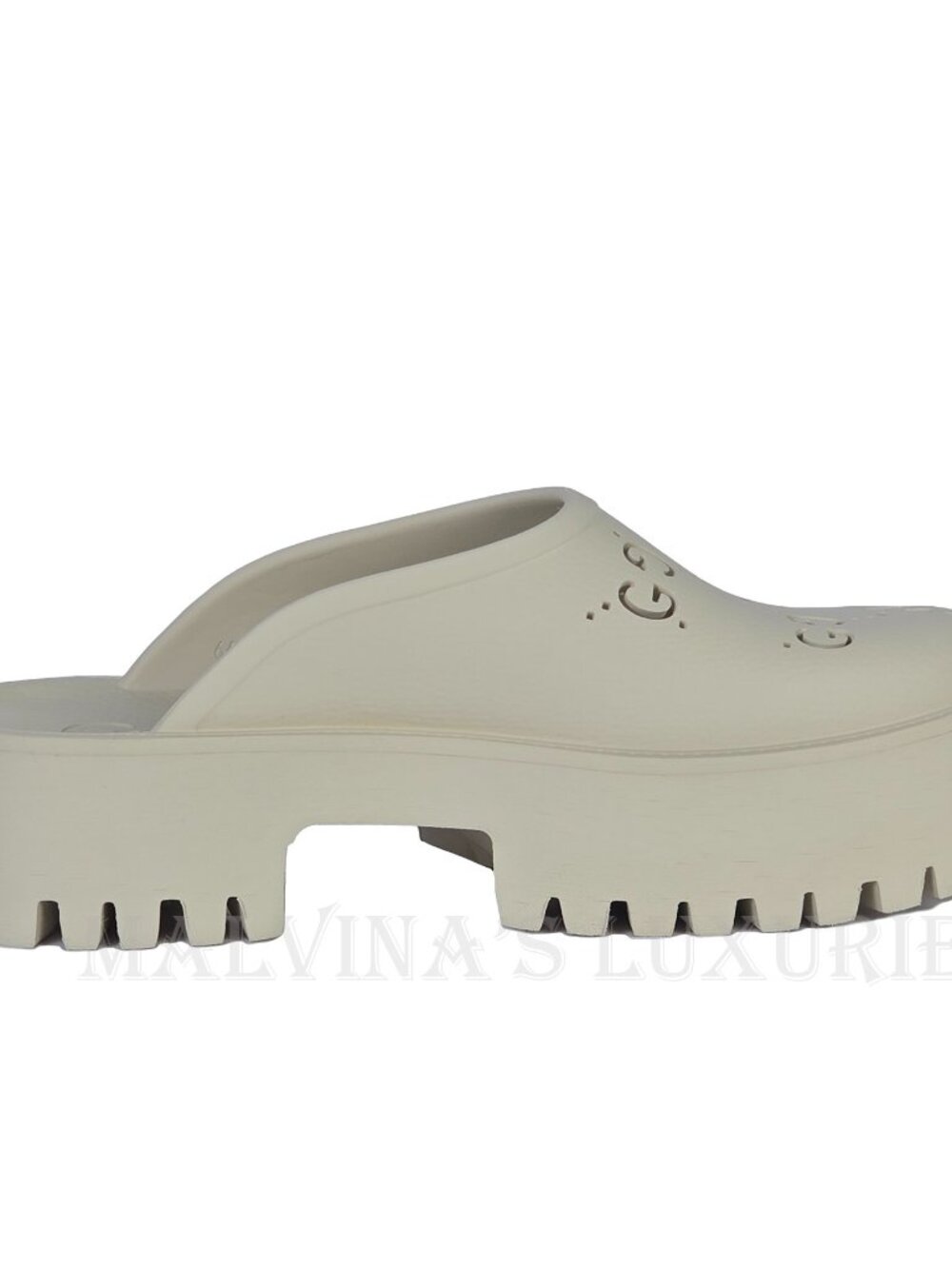 GUCCI SHOES ELEA PERFORATED RUBBER GG LOGO PLATFORM MULES SANDALS - Picture 9 of 16